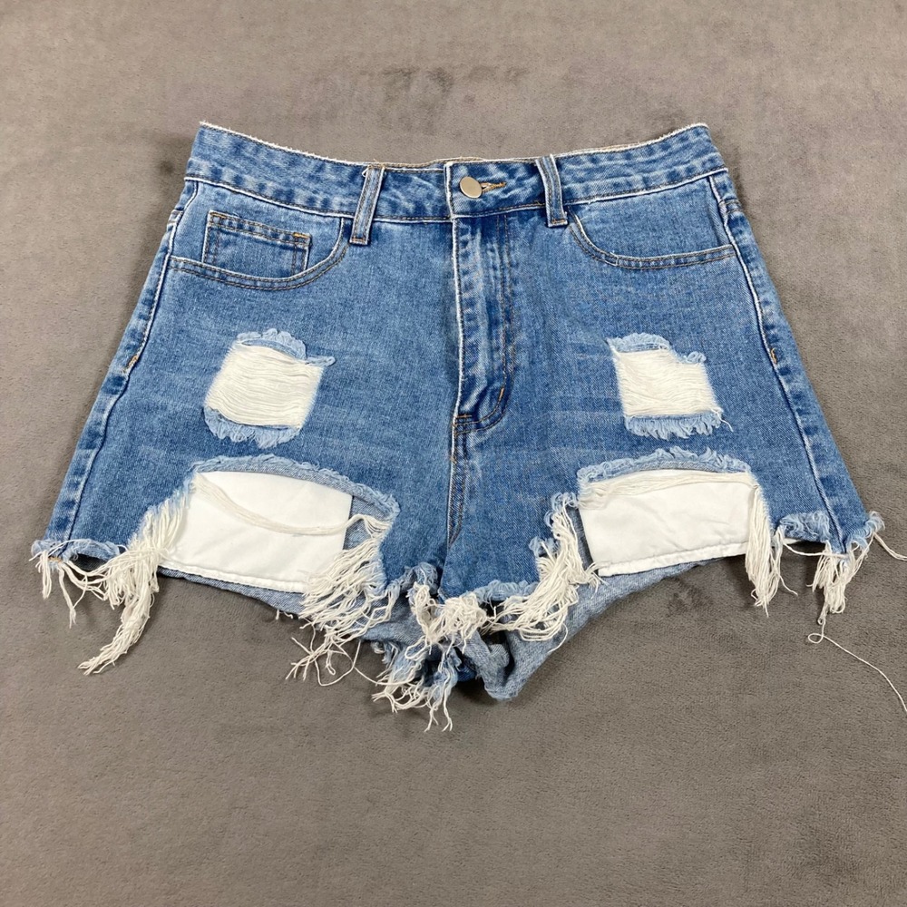 SHEIN Womens Distressed Denim Shorts Medium Wash Frayed Raw Hem Size M 6